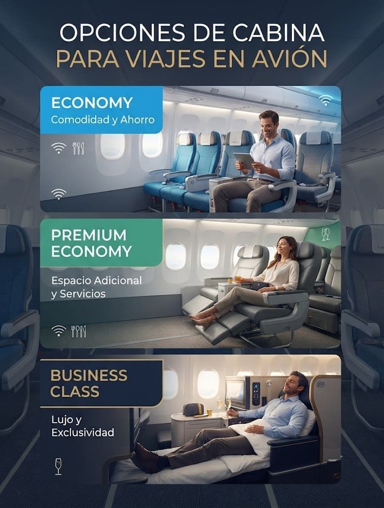 Opciones de cabina para viajes en avión